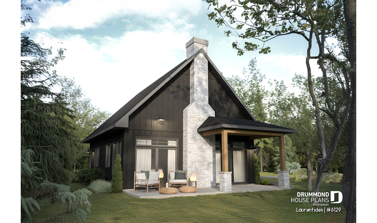 Small rustic farmhouse cabin plan Laurentides (#6129) with loft 2 bedrooms main floor primary fireplace and open layout in nature