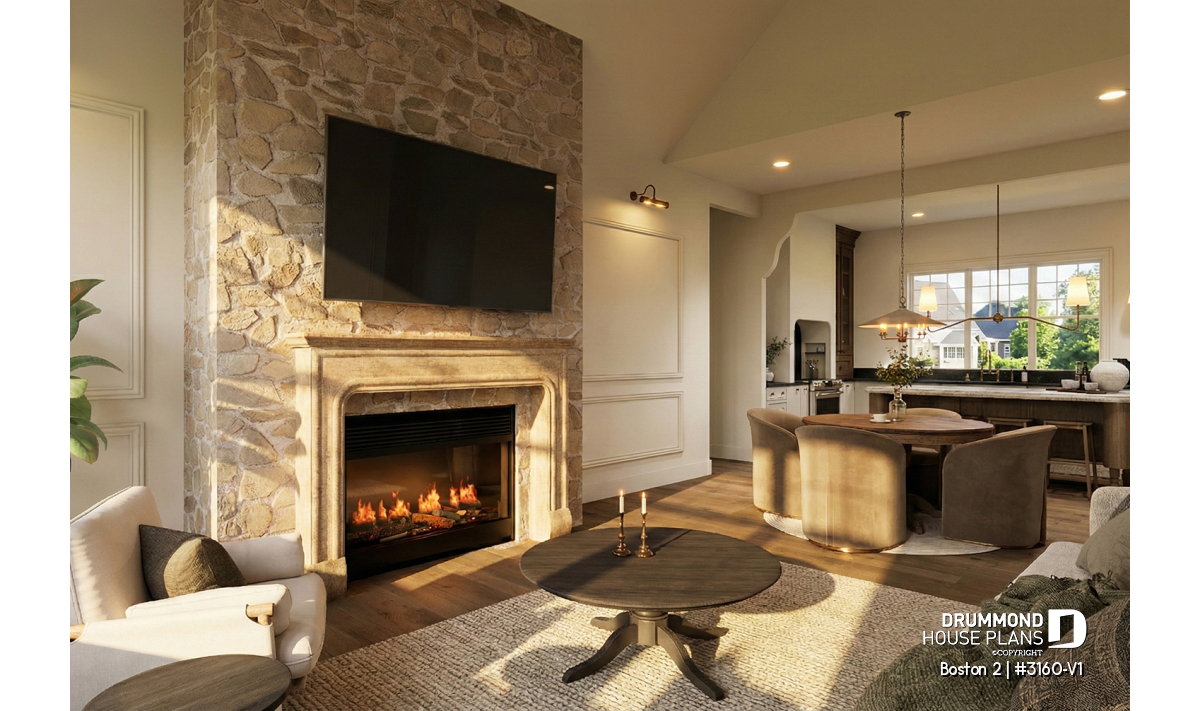 Open-concept living room with stone fireplace and kitchen view in the Boston 2 (#3160-V1) single-story house plan with garage