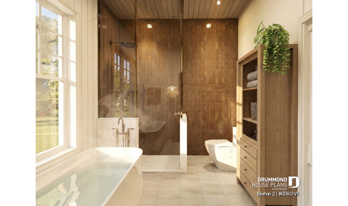 Luxury bathroom in the Boston 2 (#3160-V1) single-story house plan with garage featuring a glass walk-in shower and freestanding tub