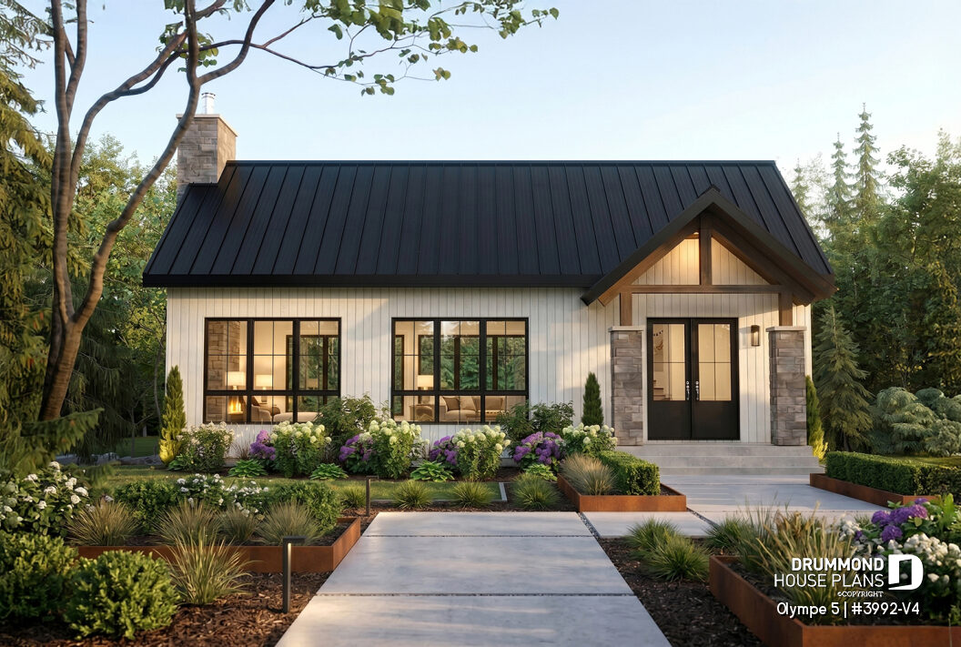 Front elevation of the Olympe 5 (#3992-V4), a 4-bedroom modern farmhouse house plan with a walkout basement, covered front porch and Maibec exterior materials.
