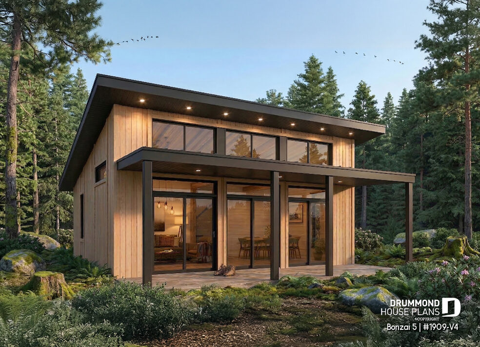 Bonzaï 5 (#1909-V4) contemporary tiny house plan surrounded by forest with large windows and covered terrace