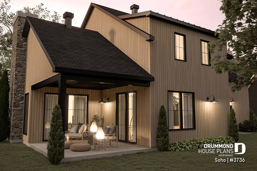 Covered rear terrace with outdoor seating area at the Soho (#3736) transitional house plan