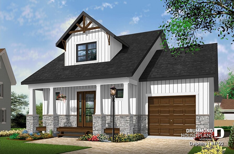 Delphine (#1702) small farmhouse house plan with attached garage, covered front porch and timeless country charm