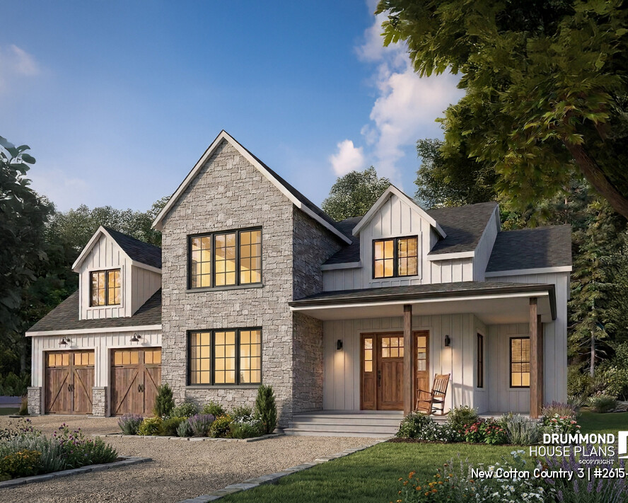 French Country house plan with 4 bedrooms, 2-car garage and modern farmhouse styling – New Cotton Country 3 (#2615-V2)