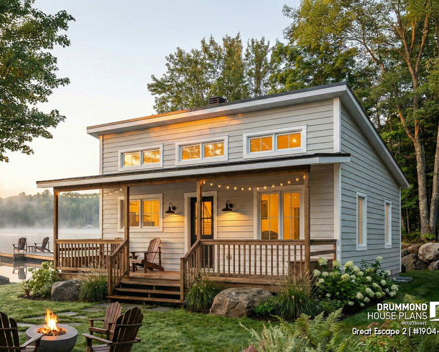 Great Escape 2 (#1904-V1) small lake house plan with covered front porch, fire pit and waterfront setting