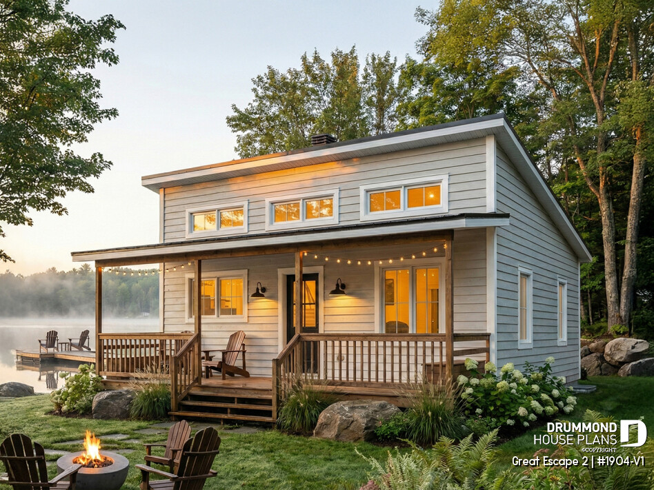 Great Escape 2 (#1904-V1) small lake house plan with covered front porch, fire pit and waterfront setting