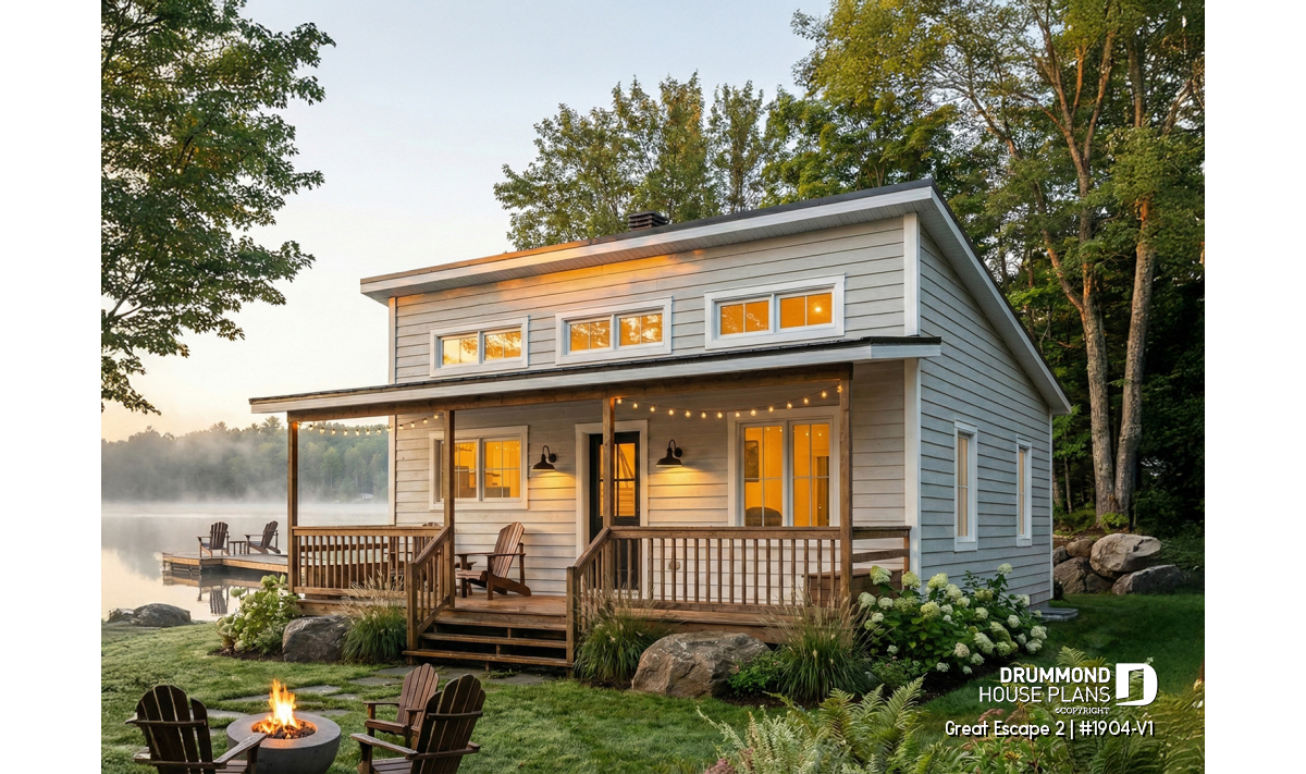 Great Escape 2 (#1904-V1) small lake house plan with covered front porch, fire pit and waterfront setting