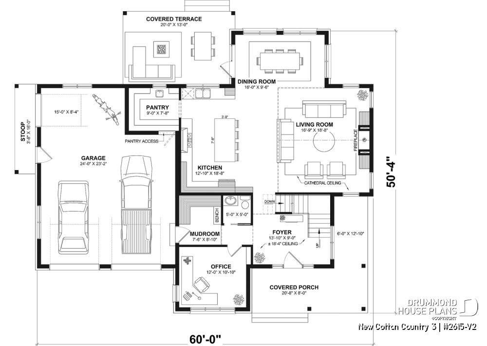Main floor plan of the New Cotton Country 3 French Country house plan featuring a 2-car garage, home office, walk-in pantry, kitchen island and vaulted living room