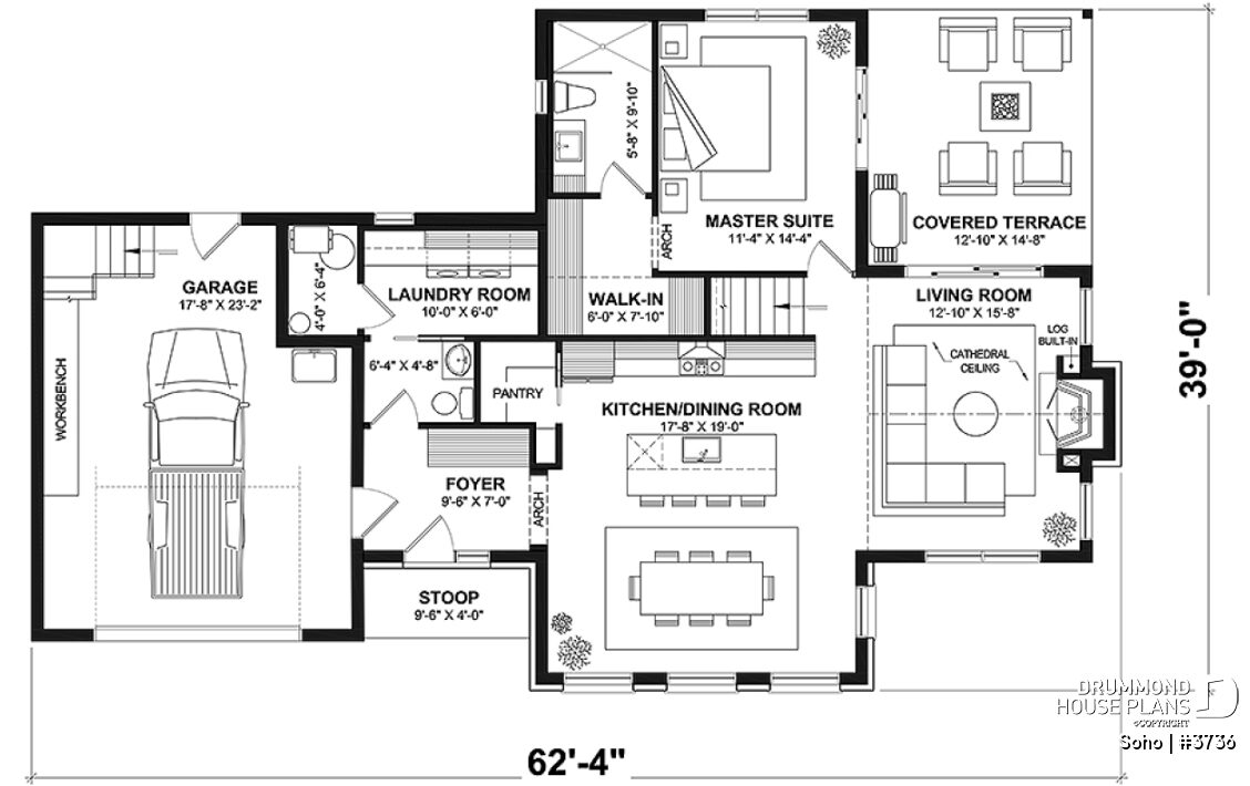 Main floor plan of the Soho (#3736) featuring a primary suite, kitchen, dining room, living room, laundry room, covered terrace and single garage
