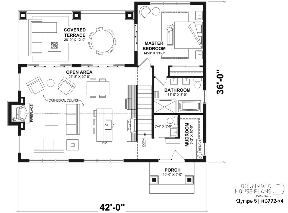 Main floor plan of the Olympe 5 (#3992-V4) featuring an owner's suite, open-concept living area with cathedral ceiling, covered terrace and mudroom.