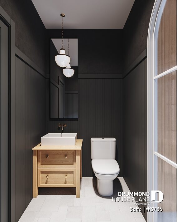 Modern powder room with dark walls, wood vanity and contemporary lighting in the Soho (#3736) house plan
