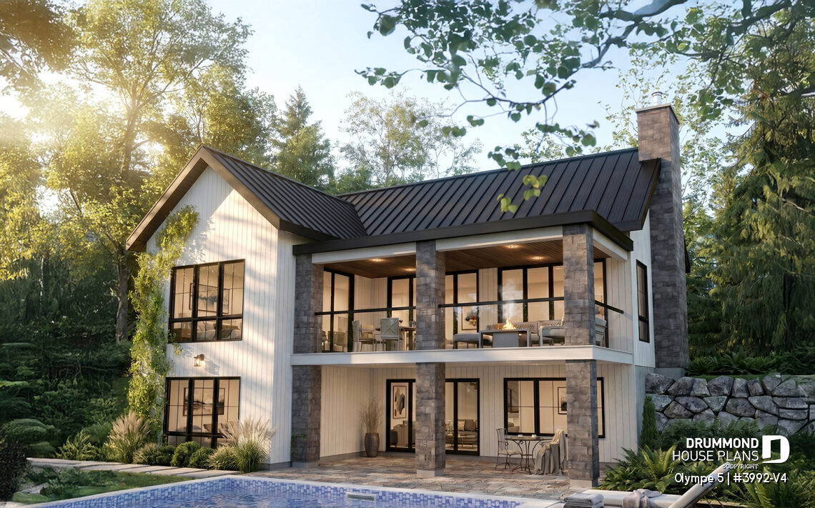 Olympe 5 modern walkout basement cottage house plan designed for sloped and hillside lots with covered terraces and panoramic views.