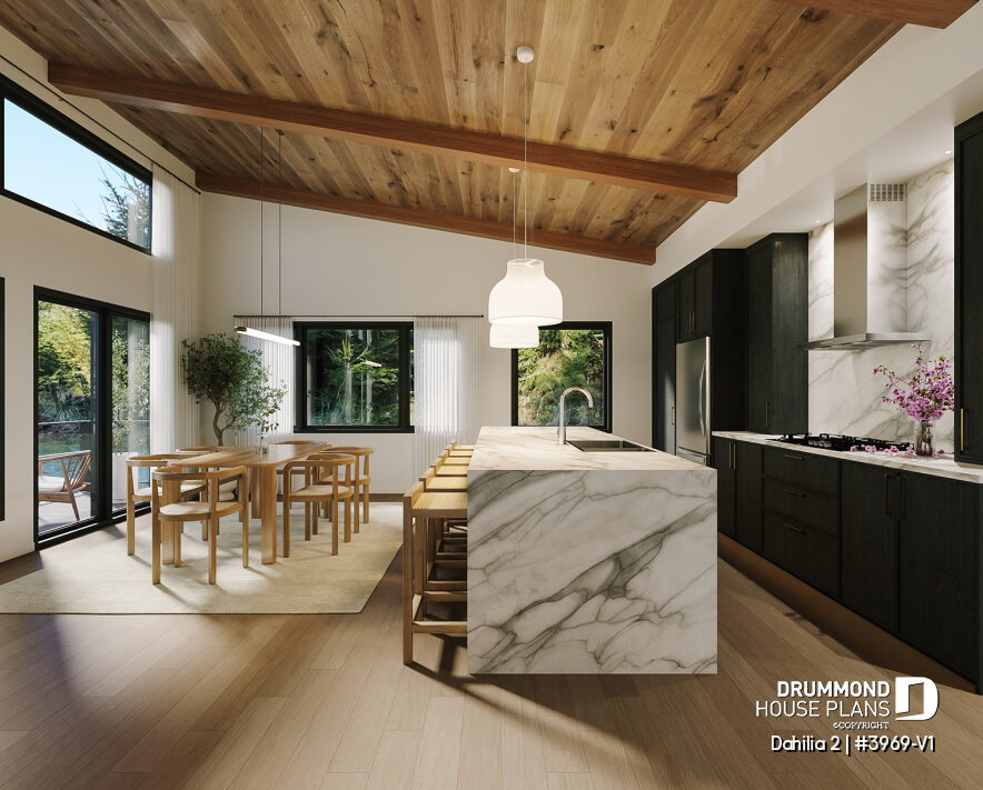 Open-concept kitchen with vaulted ceiling in the Dahilia 2 modern walkout basement cottage house plan for sloped lots.