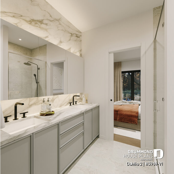 Primary bathroom with double vanity in the Dahilia 2 modern walkout basement cottage house plan.