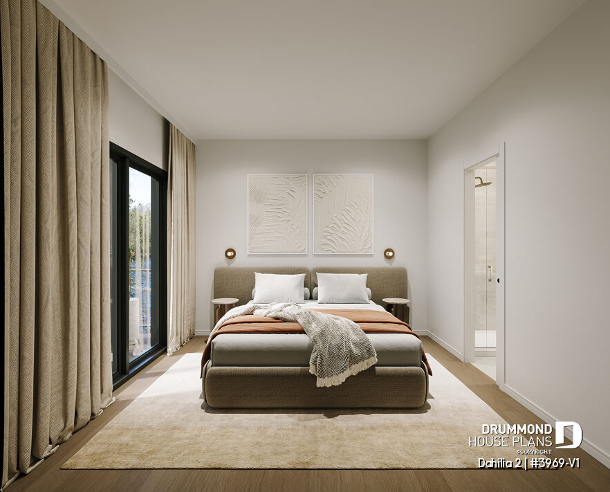 Primary suite in the Dahilia 2 modern walkout basement cottage house plan with outdoor access on a sloped lot.