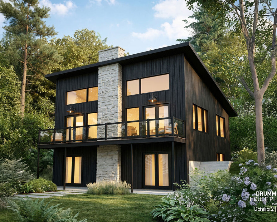 Modern walkout basement house plan featuring the Dahilia 2 with contemporary architecture, large windows and a STÛV wood stove, designed for sloped lots.