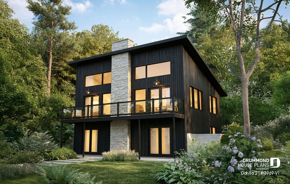 Modern walkout basement house plan featuring the Dahilia 2 with contemporary architecture, large windows and a STÛV wood stove, designed for sloped lots.