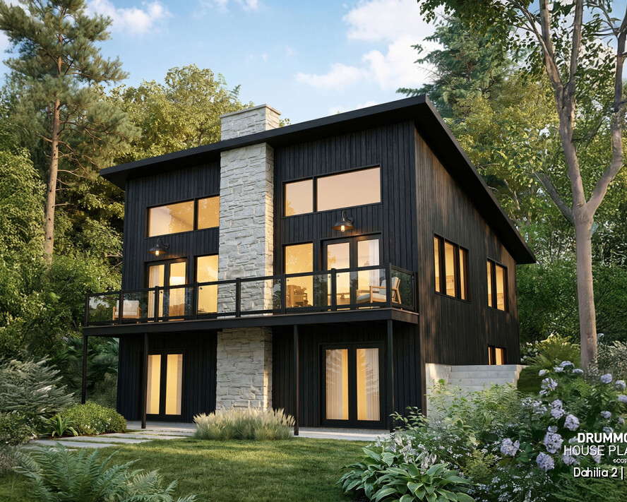 Modern walkout basement house plan featuring the Dahilia 2 with contemporary architecture, large windows and a STÛV wood stove, designed for sloped lots.