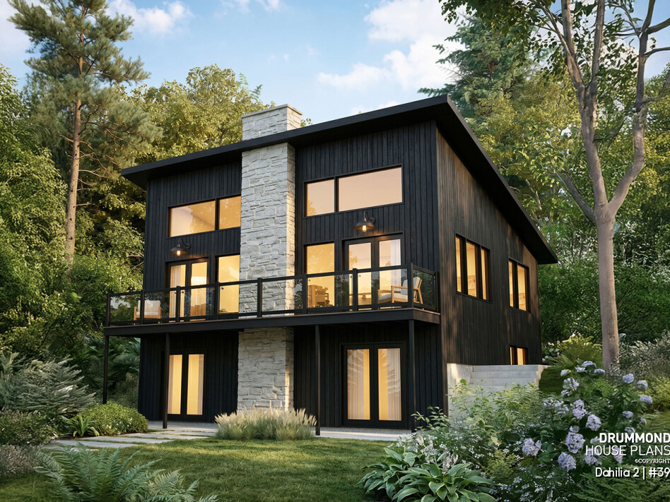 Modern walkout basement house plan featuring the Dahilia 2 with contemporary architecture, large windows and a STÛV wood stove, designed for sloped lots.
