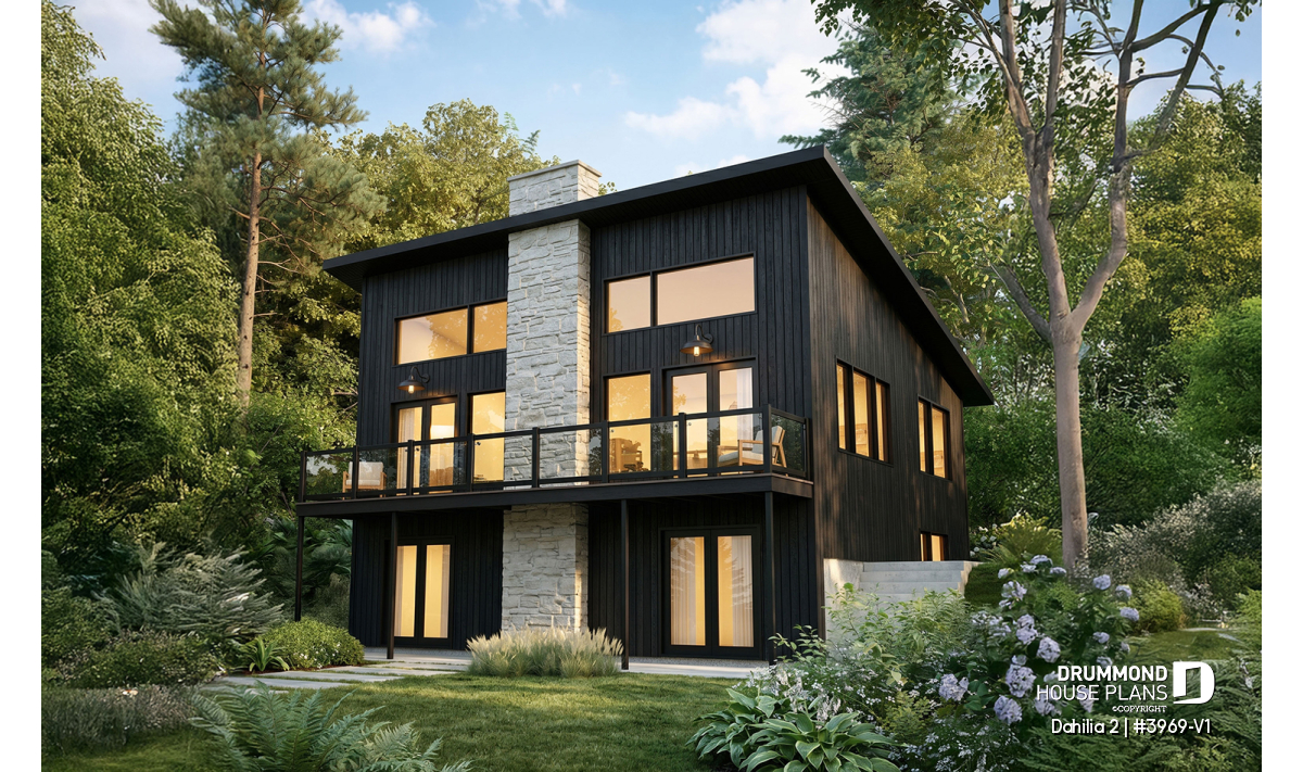 Modern walkout basement house plan featuring the Dahilia 2 with contemporary architecture, large windows and a STÛV wood stove, designed for sloped lots.
