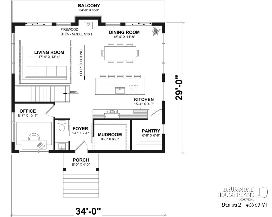 Main floor plan of the Dahilia 2 modern walkout basement house plan featuring an open-concept layout, vaulted ceiling, home office and STÛV wood stove.