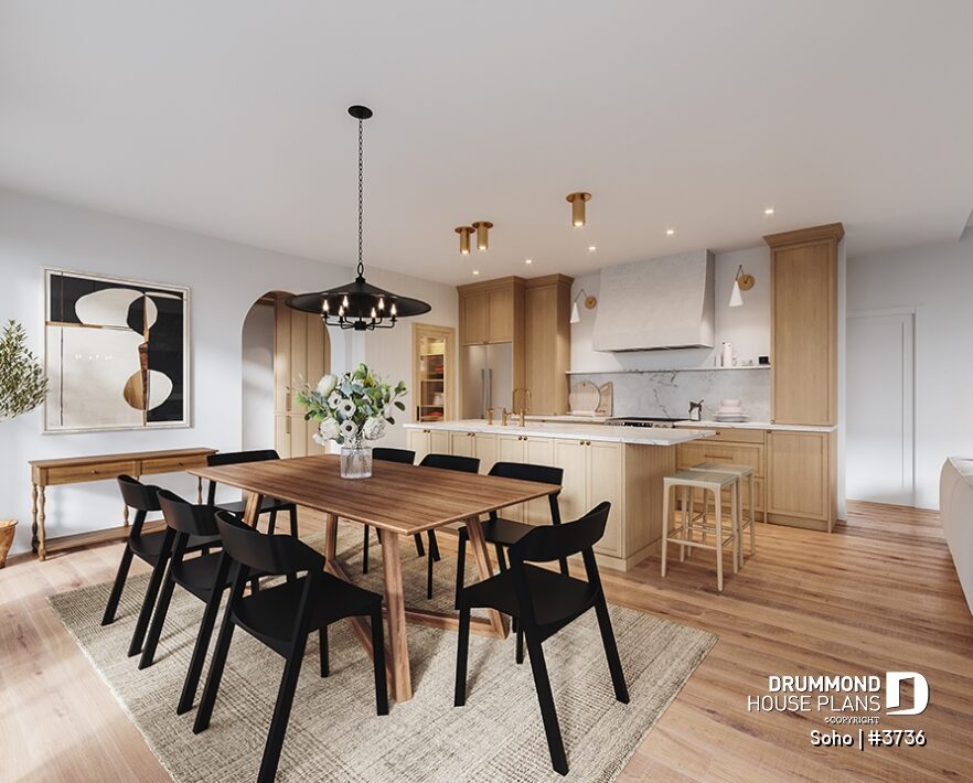 Open-concept dining room connected to the kitchen in the Soho (#3736) transitional house plan
