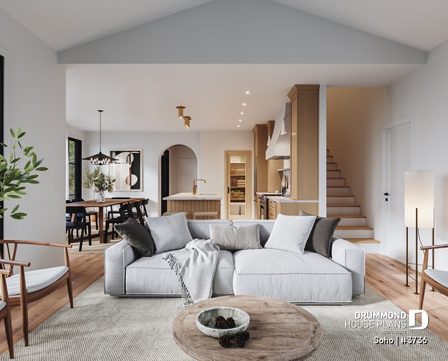 Open-concept great room connected to the kitchen in the Soho (#3736) transitional house plan