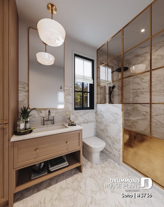 Primary bathroom with walk-in shower, wood vanity and marble-look finishes in the Soho (#3736) transitional house plan