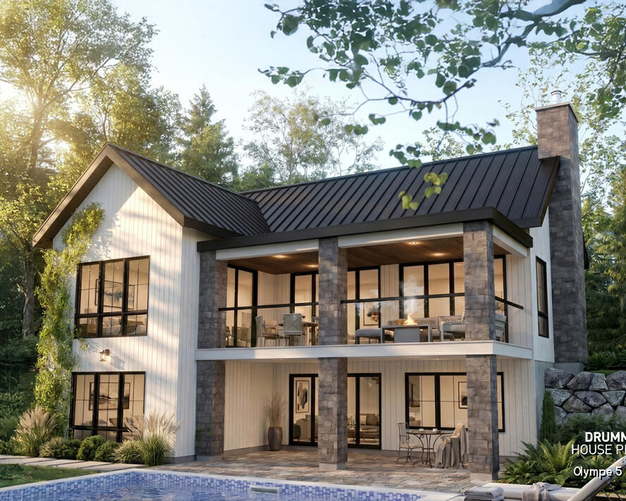Rear elevation of the Olympe 5 (#3992-V4), a 4-bedroom modern farmhouse house plan with a walkout basement, two covered terraces and large windows overlooking the backyard.