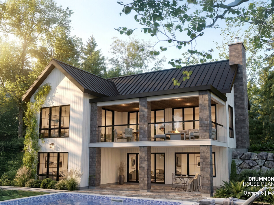 Rear elevation of the Olympe 5 (#3992-V4), a 4-bedroom modern farmhouse house plan with a walkout basement, two covered terraces and large windows overlooking the backyard.