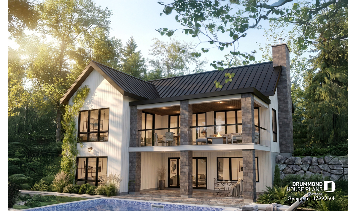 Rear elevation of the Olympe 5 (#3992-V4), a 4-bedroom modern farmhouse house plan with a walkout basement, two covered terraces and large windows overlooking the backyard.