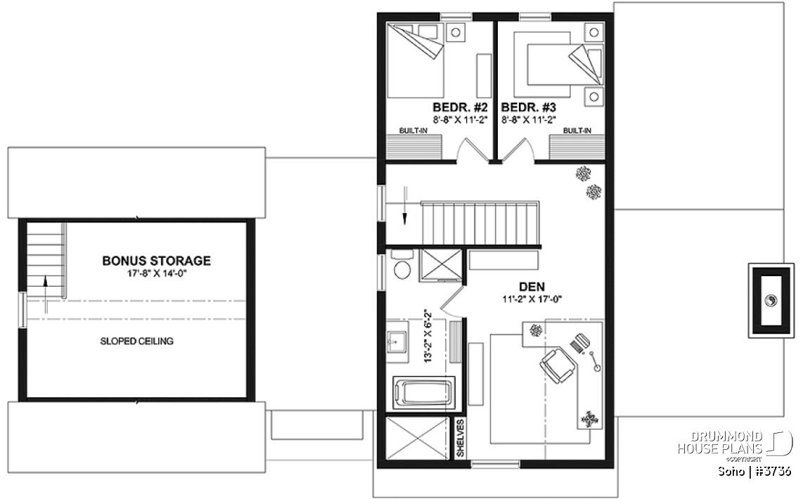 Second floor plan of the Soho (#3736) featuring two bedrooms, a den, full bathroom and bonus storage above the garage