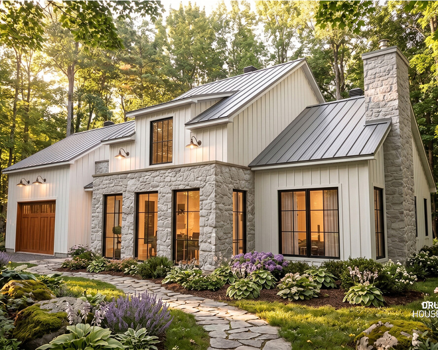 Front exterior of the Soho (#3736) transitional house plan featuring a main-floor primary suite, single garage, stone accents and metal roof