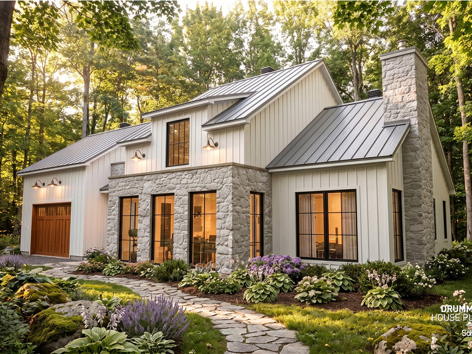 Front exterior of the Soho (#3736) transitional house plan featuring a main-floor primary suite, single garage, stone accents and metal roof