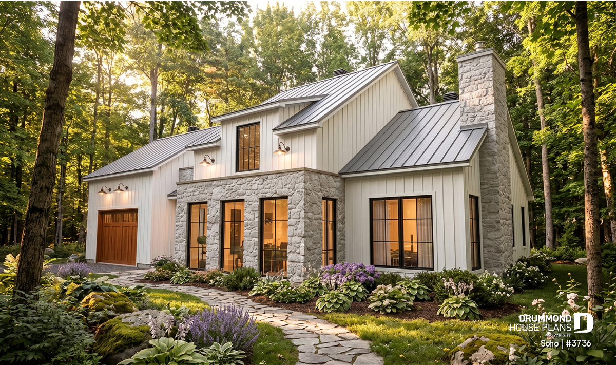 Front exterior of the Soho (#3736) transitional house plan featuring a main-floor primary suite, single garage, stone accents and metal roof