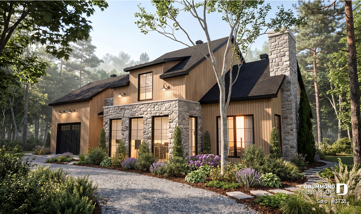 Front exterior of the Soho (#3736) transitional house plan with stone accents, single garage and wooded setting