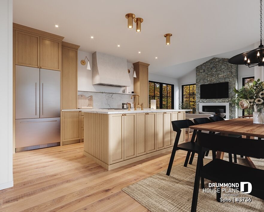 Transitional kitchen with large island, pantry storage and open-concept layout in the Soho (#3736) house plan