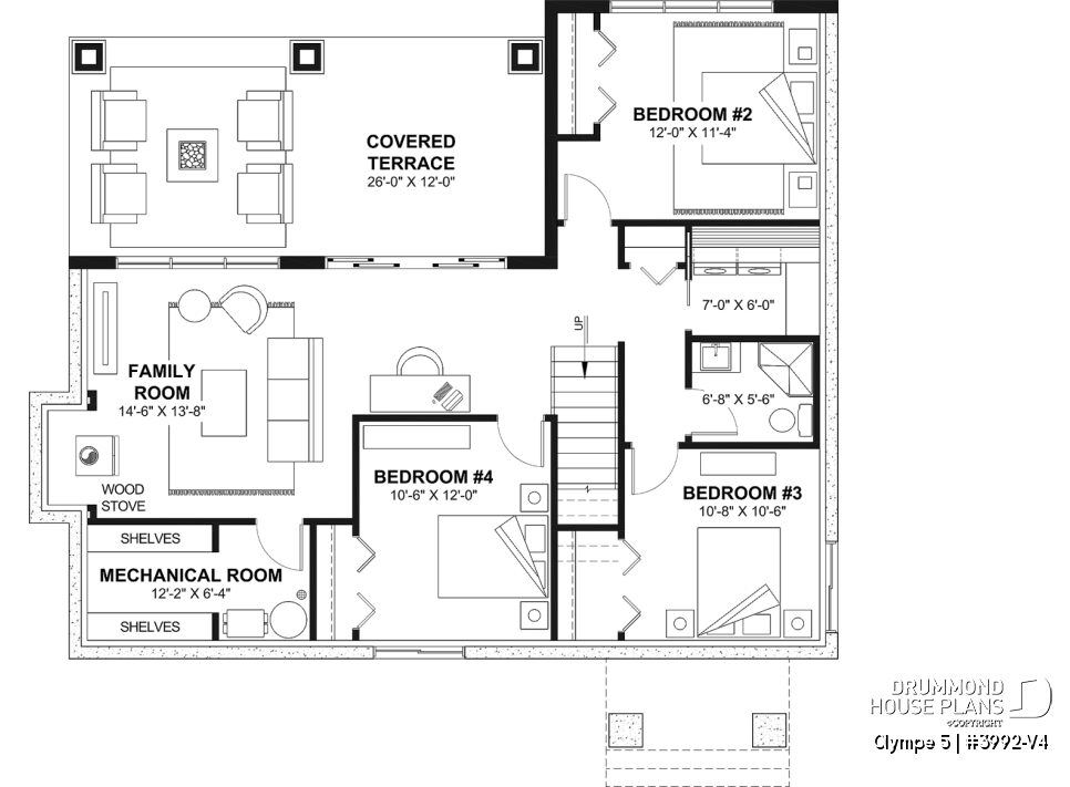 Walkout basement floor plan of the Olympe 5 (#3992-V4) featuring three bedrooms, a large family room, covered terrace and abundant storage.