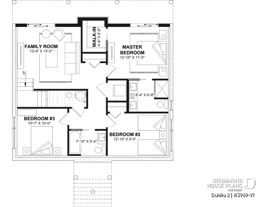 Walkout basement floor plan of the Dahilia 2 modern walkout basement house plan featuring a primary suite, two bedrooms and a bright family room with direct outdoor access.