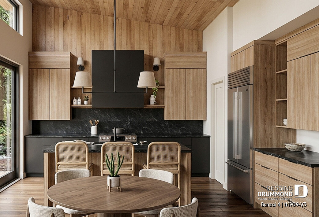 Black marble-look kitchen backsplash in BonzaĂŻ 4 house plan #1909-V3