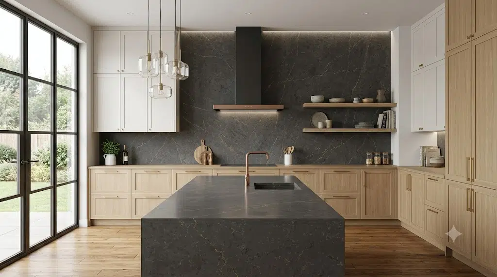 Dark full-height kitchen backsplash with matching waterfall island