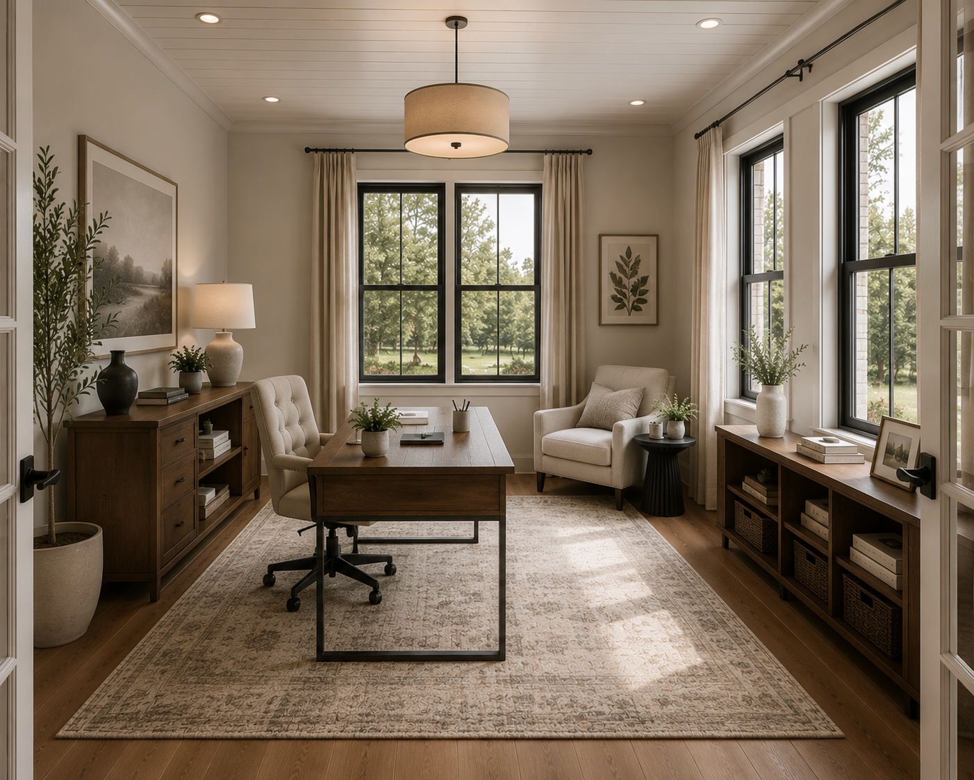 Flexible home office in the Daven Port (#6134), a one-story modern farmhouse house plan featuring a spacious flex room designed for work, study or everyday living.