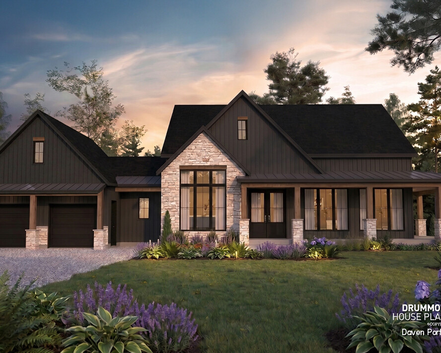 Front elevation of the Daven Port (#6134), a one-story modern farmhouse house plan with a wraparound porch, three bedrooms and timeless curb appeal.