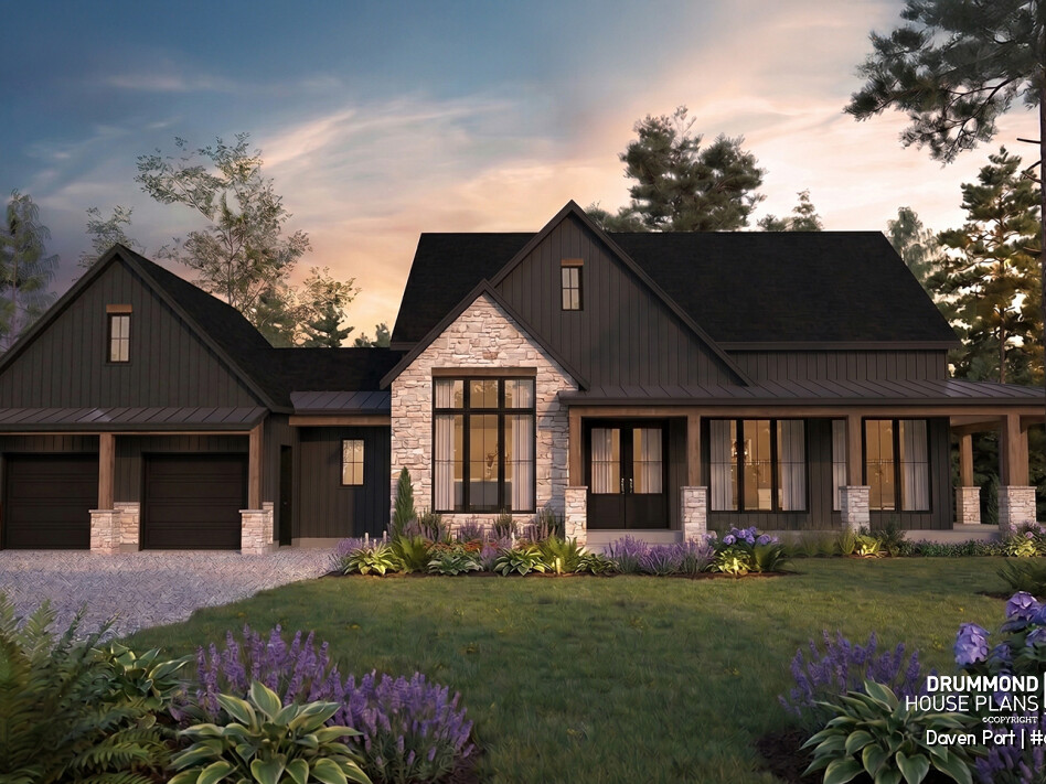 Front elevation of the Daven Port (#6134), a one-story modern farmhouse house plan with a wraparound porch, three bedrooms and timeless curb appeal.