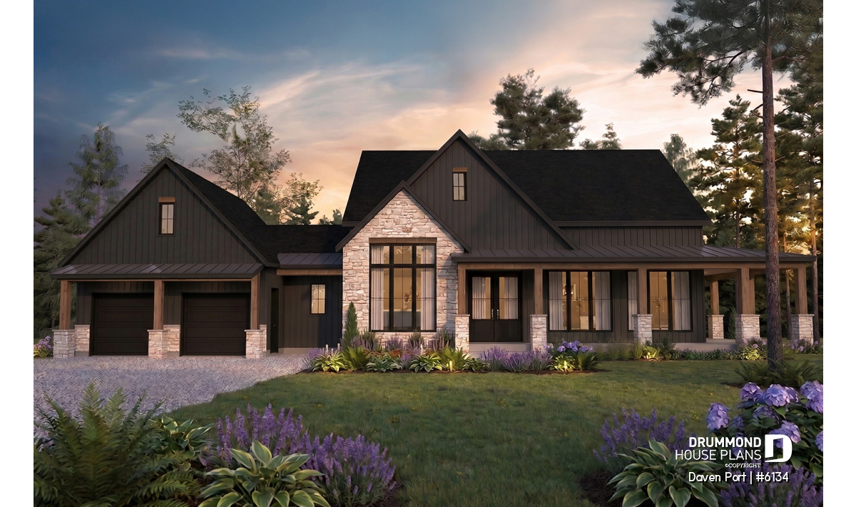 Front elevation of the Daven Port (#6134), a one-story modern farmhouse house plan with a wraparound porch, three bedrooms and timeless curb appeal.