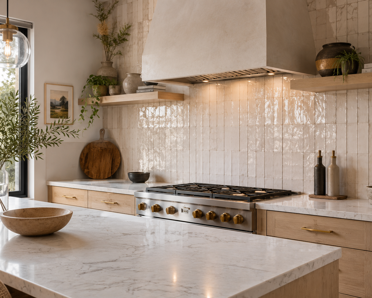 Cuisine moderne avec dosseret en zellige blanc pleine hauteur, armoires en bois clair et comptoir en quartz.