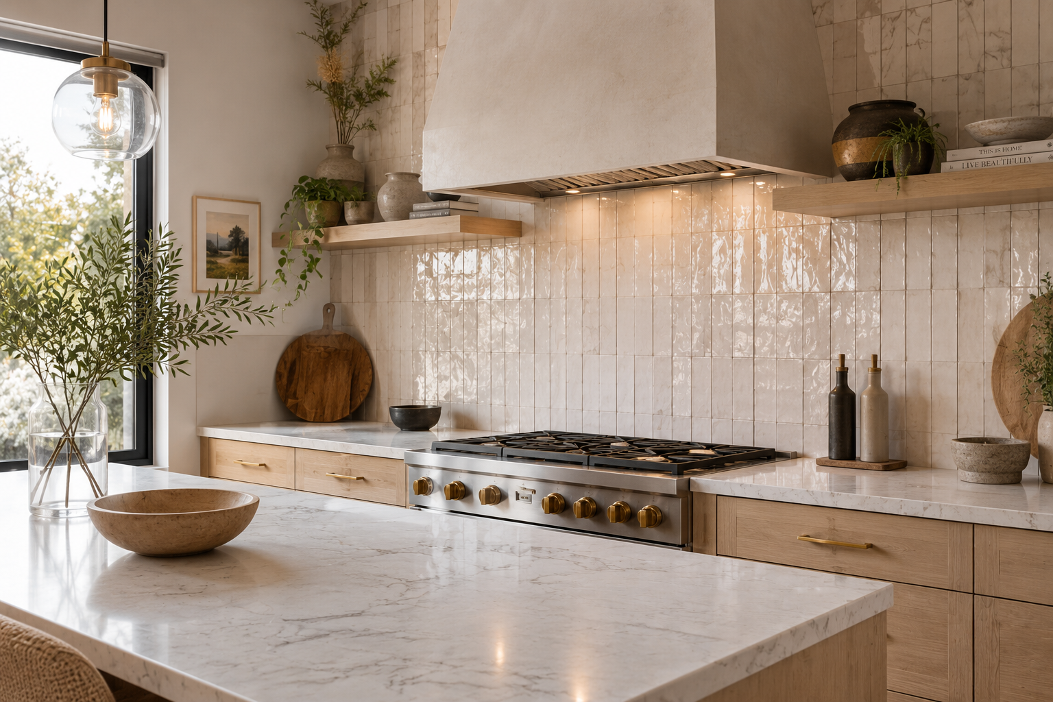 Cuisine moderne avec dosseret en zellige blanc pleine hauteur, armoires en bois clair et comptoir en quartz.
