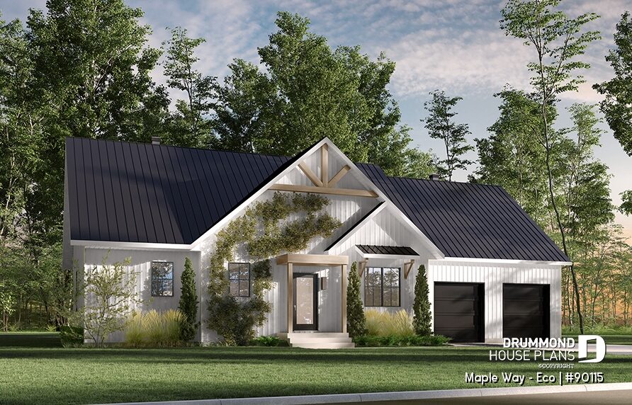 Eco-friendly one-story farmhouse house plan with double garage, passive solar window design and south-facing orientation – Maple Way Eco #90115 by Drummond House Plans