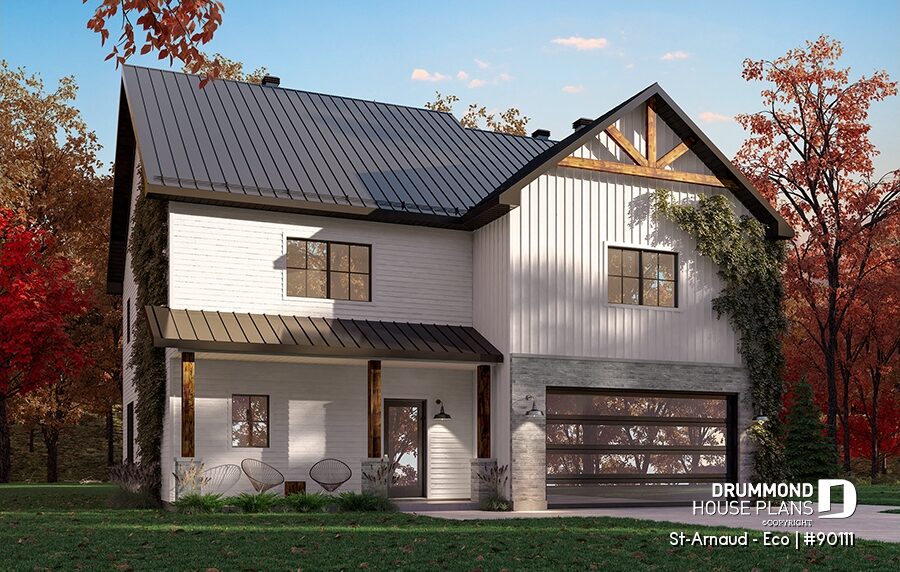 Eco-friendly farmhouse house plan with optimized south-facing orientation, large energy-efficient windows and passive solar design – St-Arnaud Eco #90111 by Drummond House Plans