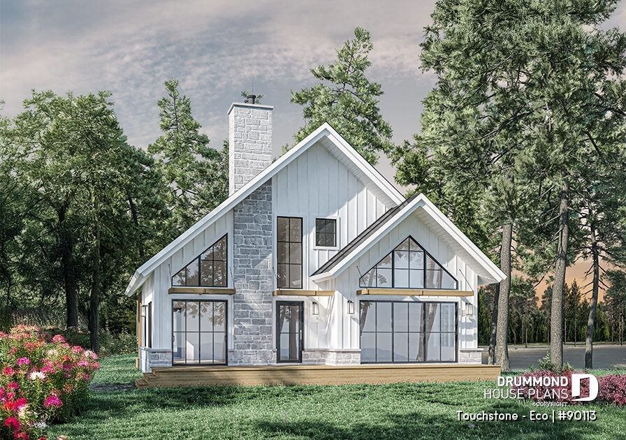 Eco-friendly modern cottage house plan with cathedral ceiling, passive solar windows and south-facing orientation – Touchstone Eco #90113 by Drummond House Plans